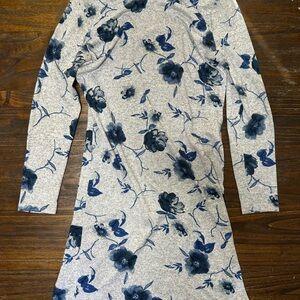 Long Sleeve Knit Floral Dress in Blue and Gray